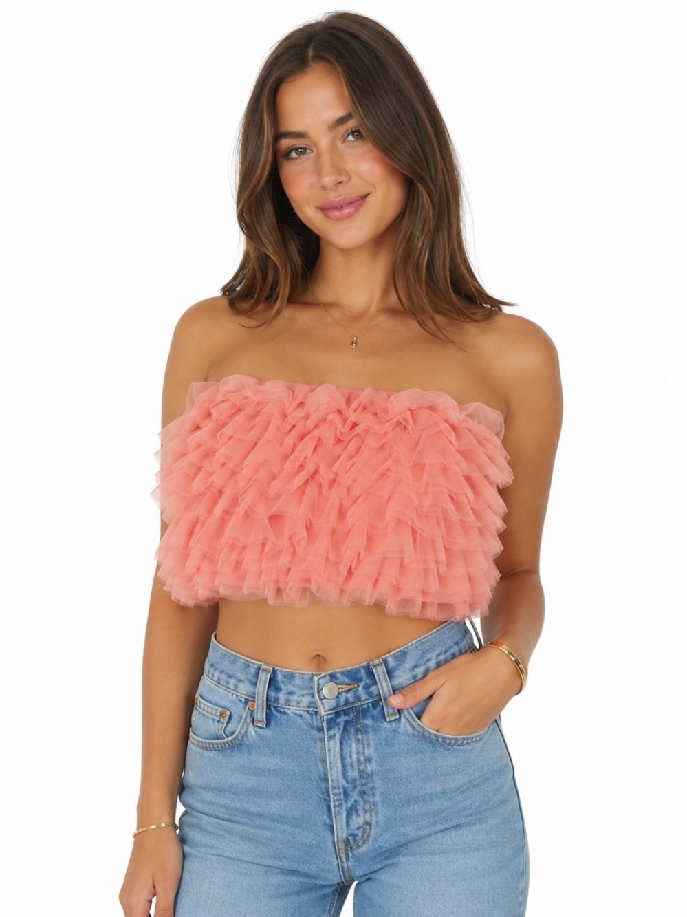 Alkemy Pink Ruffle Tulle Strapless Crop Top | Balletcore Coquette Fairycore